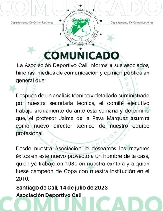 Jaime De La Pava es nuevamente 'verde', Deportivo Cali lo confirmó como su nuevo técnico