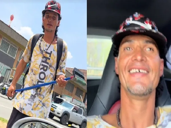 Limpiavidrios feliz por subirse a un Porsche.