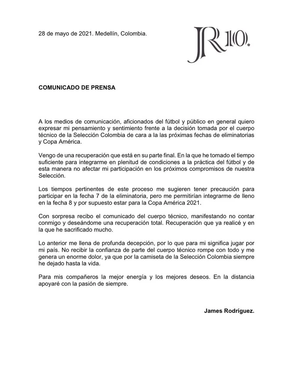 James Rodríguez respondió por ser desconvocado