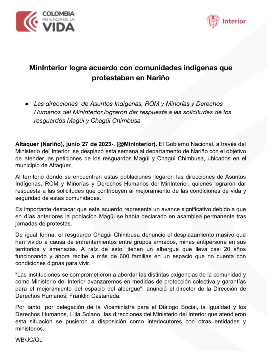 Por protestas en Nariño, Gobierno tuvo que intervenir