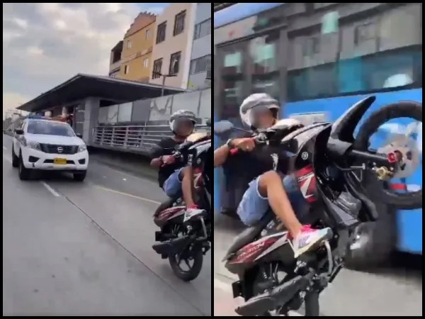 "Salgan del carril del MIO", pedían policías a motorizados que hacían 'caballito' en la vía; pero solo se grababan y reían