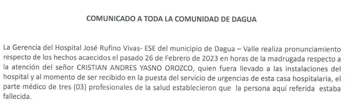 Comunicado de prensa oficial del Hospital José Rufino Vivas.