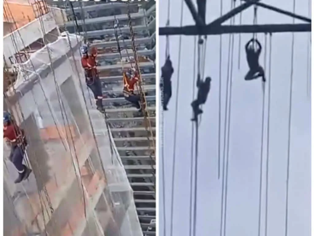 Obreros quedaron colgados a 140 metros de altura, se les partió el andamio