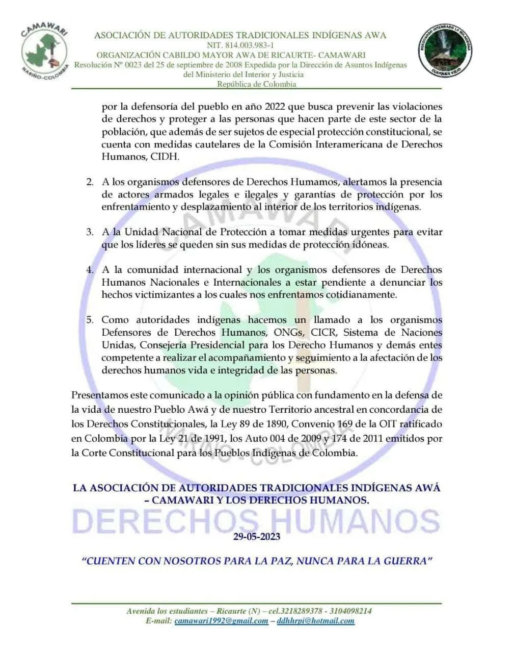 Crítica la situación para el pueblo AWA de Camawari Ricaurte por enfrentamientos de actores armados