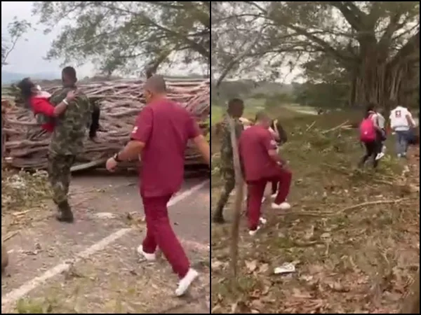 Ambulancia atrapada por árbol tumbado en paro de mineros y militares tuvieron que cargar a los pacientes, en Antioquia