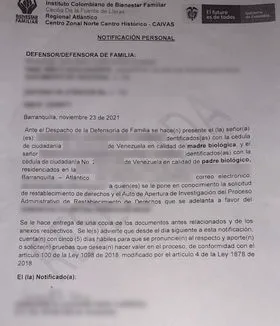La notificación que el ICBF dio a los padres de la menor