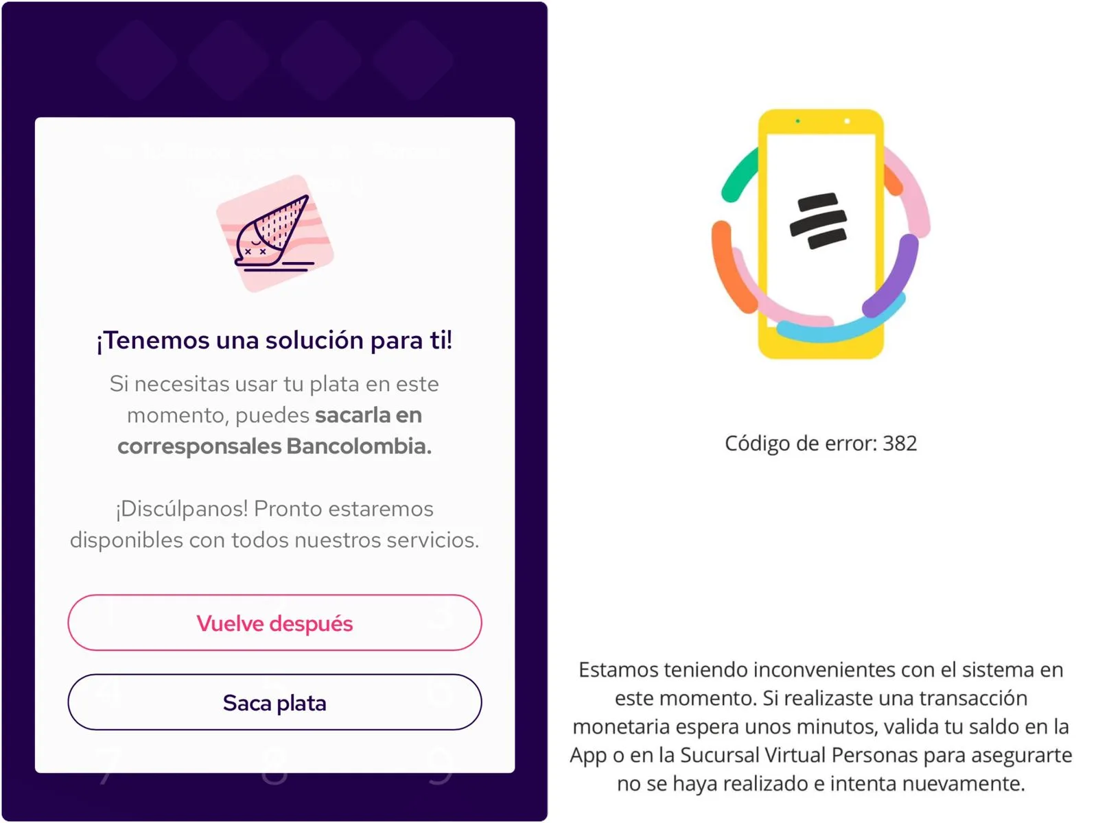 App de Nequi y Bancolombia caidas, error 382 este sábado y la gente buscando plata