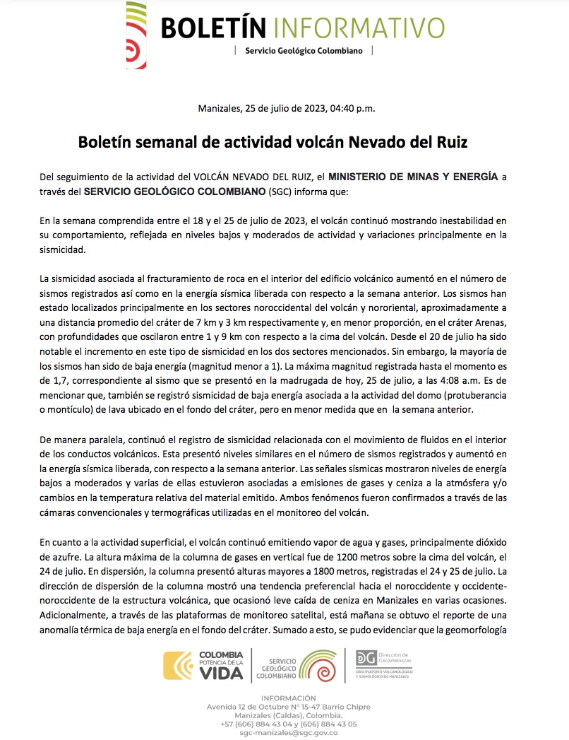 Robaron equipos de monitoreo del Nevado del Ruiz y hoy hubo emisión de cenizas