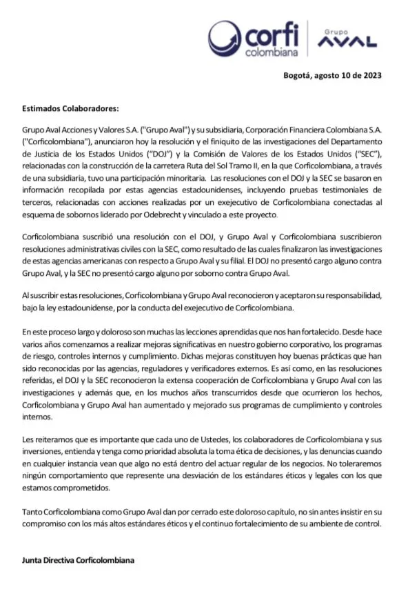 El comunicado de Corficolombiana sobre la decisión en Estados Unidos.