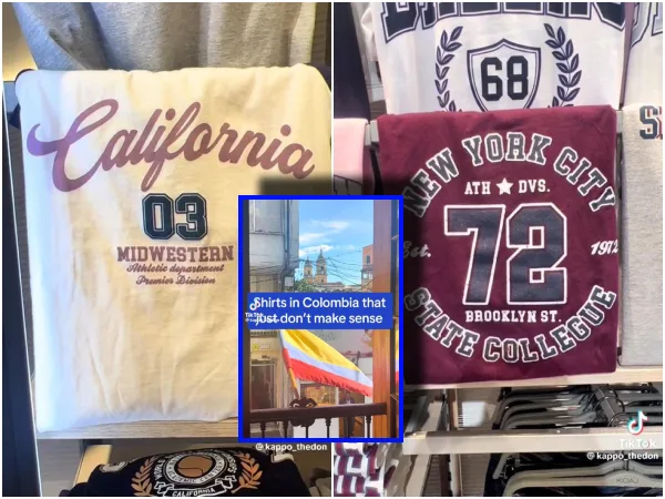 Gringo lee frases estampadas en camisetas en Colombia resaltando errores