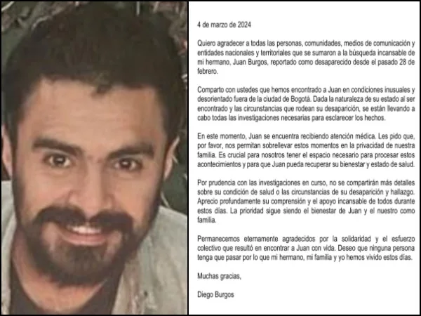 «Desorientado y en condiciones inusuales»: Apareció el arquitecto Juan Camilo Burgos
