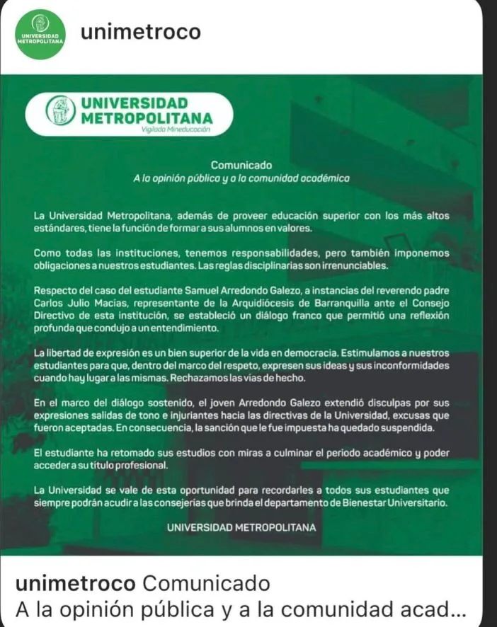 Unimetro Barranquilla caso Samuel