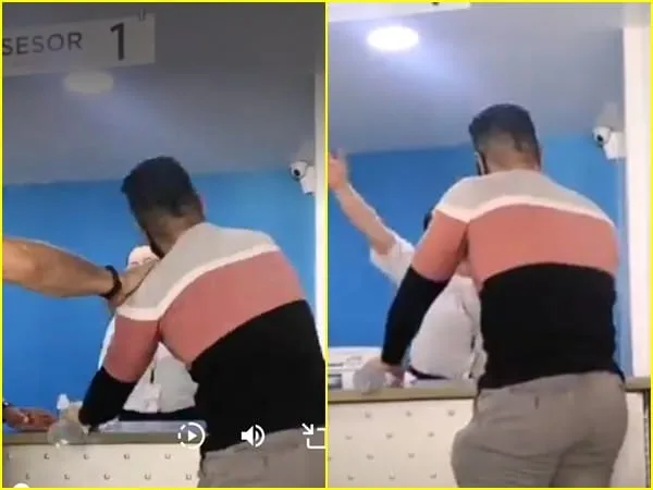 En el video se aprecia el inicio de una acalorada discusión entre el sujeto y una de las recepcionistas de la Nueva EPS de Manizales.
