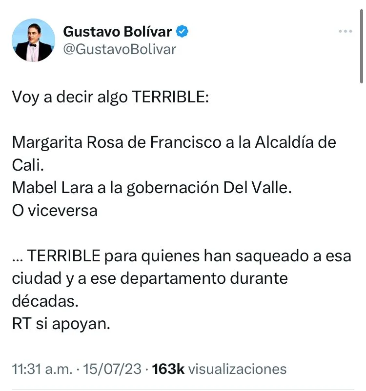 Gustavo Bolívar propone a Mabel Lara y Margarita Rosa para Alcaldía de Cali y Gobernación del Valle