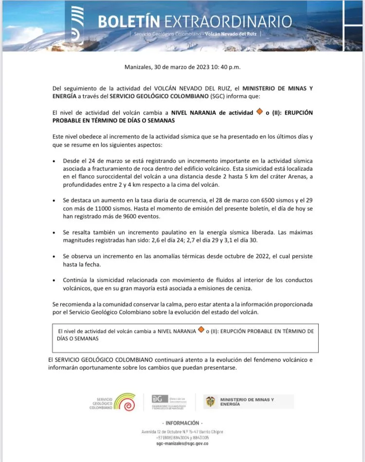 Nevado del Ruiz entra en alerta naranja, podría tener erupción y piden activar comités de Gestión del Riesgo
