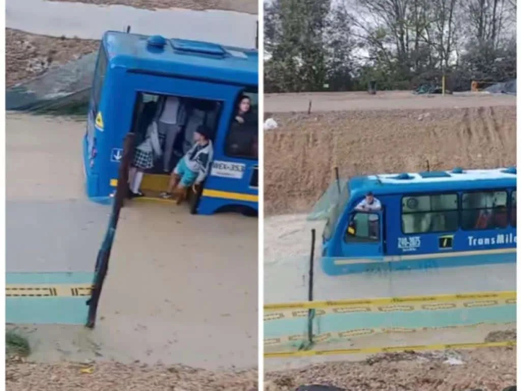 Buses del SITP varados por la inundación, pasajeros atrapados en la vía Calatrava