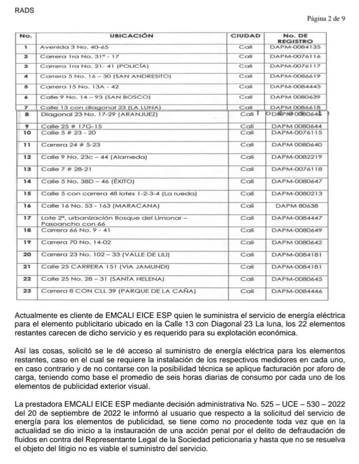 EMCALI deberá restablecer servicio de energía a vallas publicitarias por orden la Superintendencia de Servicios Públicos