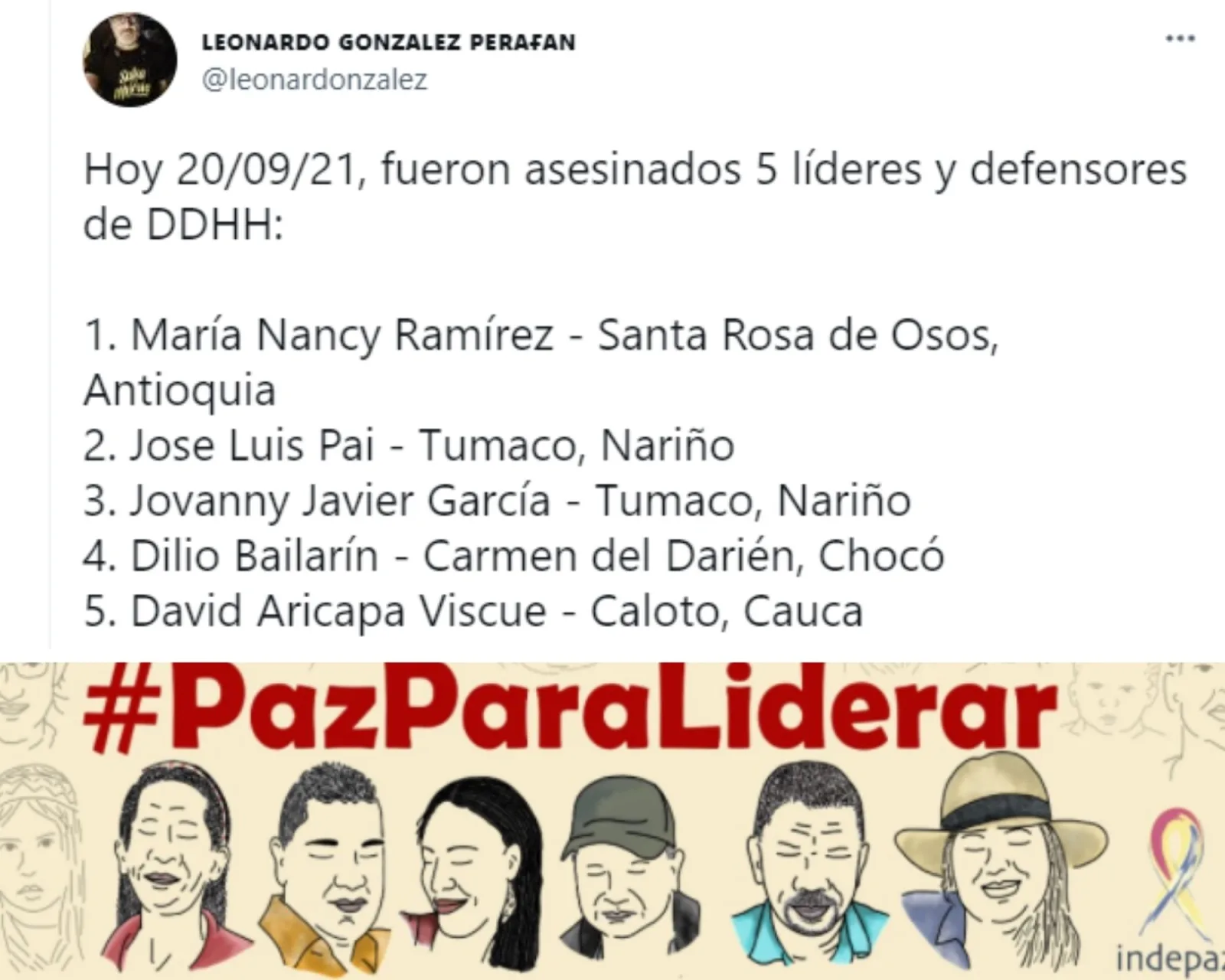 líderes sociales asesinado el 20 de septiembre en Colombia