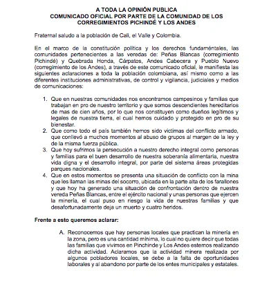 Comunidad del corregimiento Pichindé y Los Andes se pronunciaron, luego de la confrontación con el Ejército
