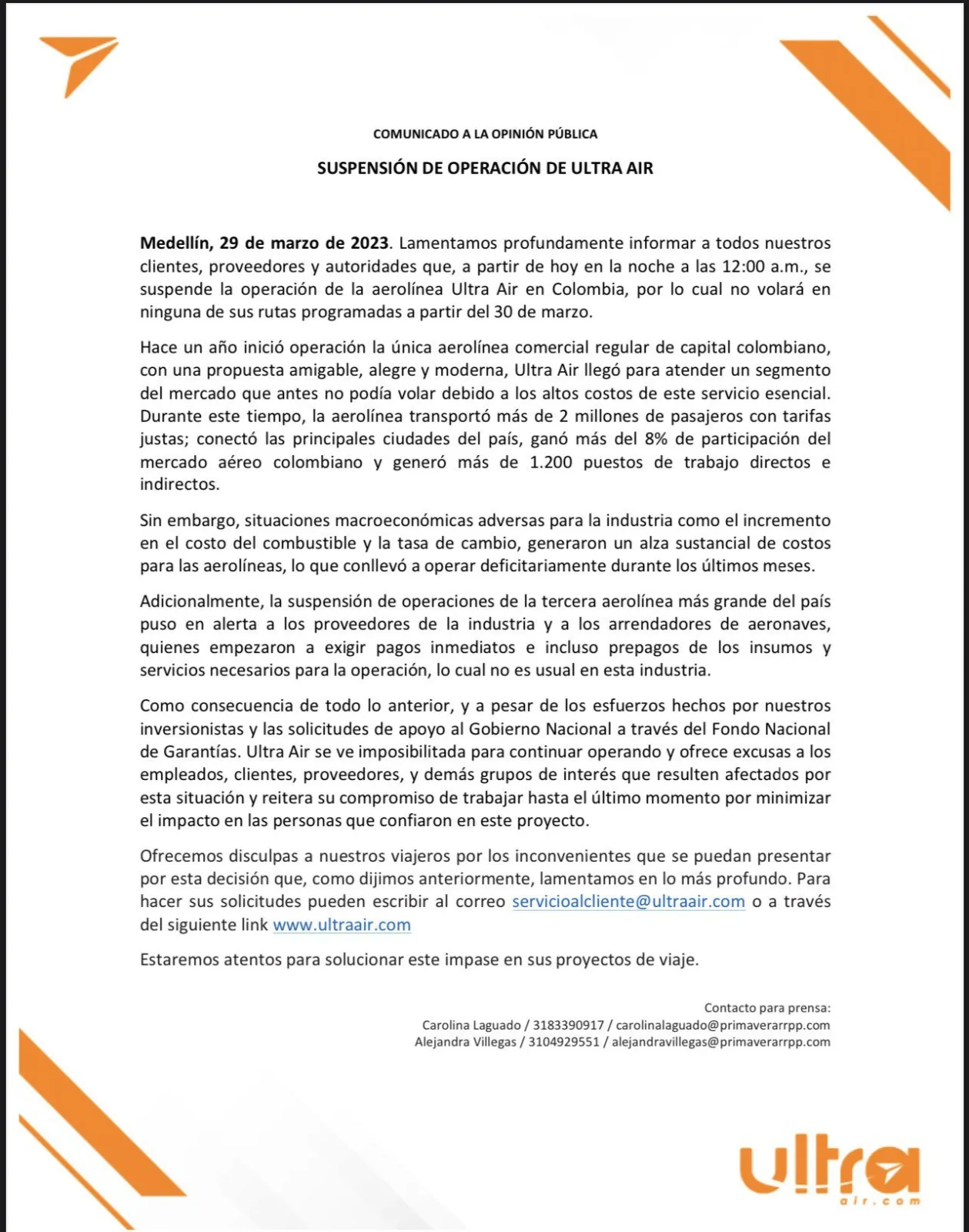 Después de la crisis de Viva Air, llega la de Ultra Air: para operaciones también