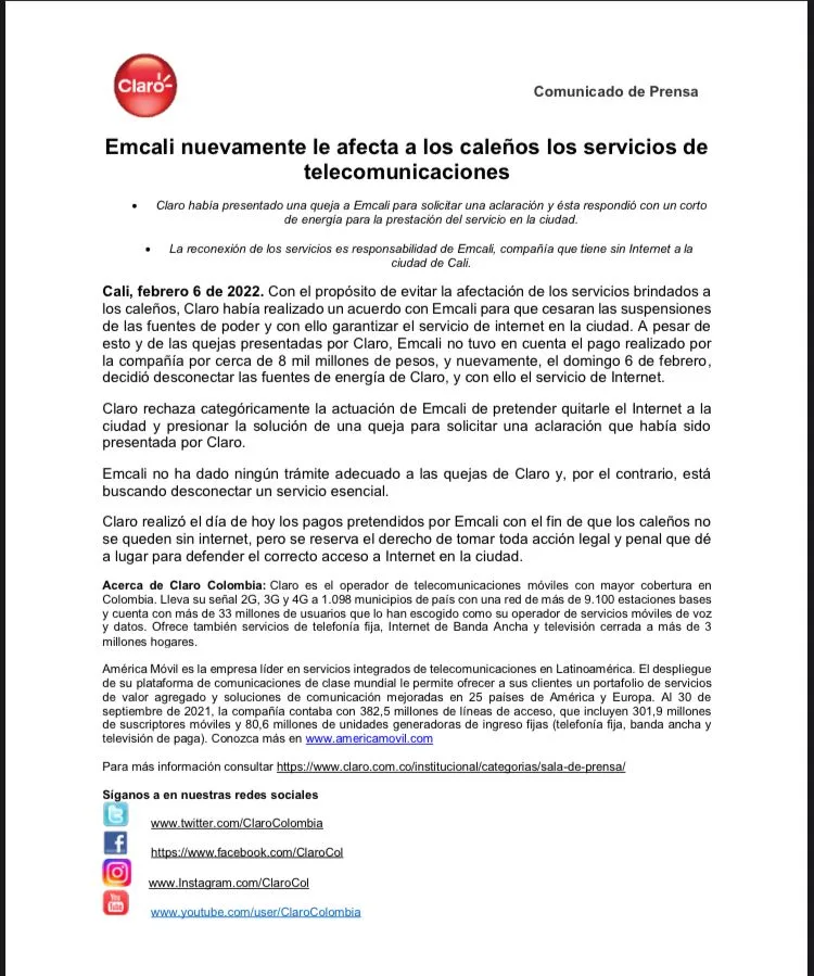 Emcali Claro pelea deuda fraude energía
