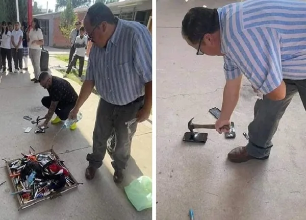 Profesores queman celulares decomisados a alumnos.