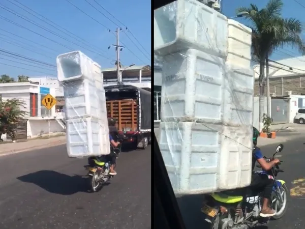 Imprudencia al límite: grabaron a motociclista llevando "una torre de neveras de icopor"