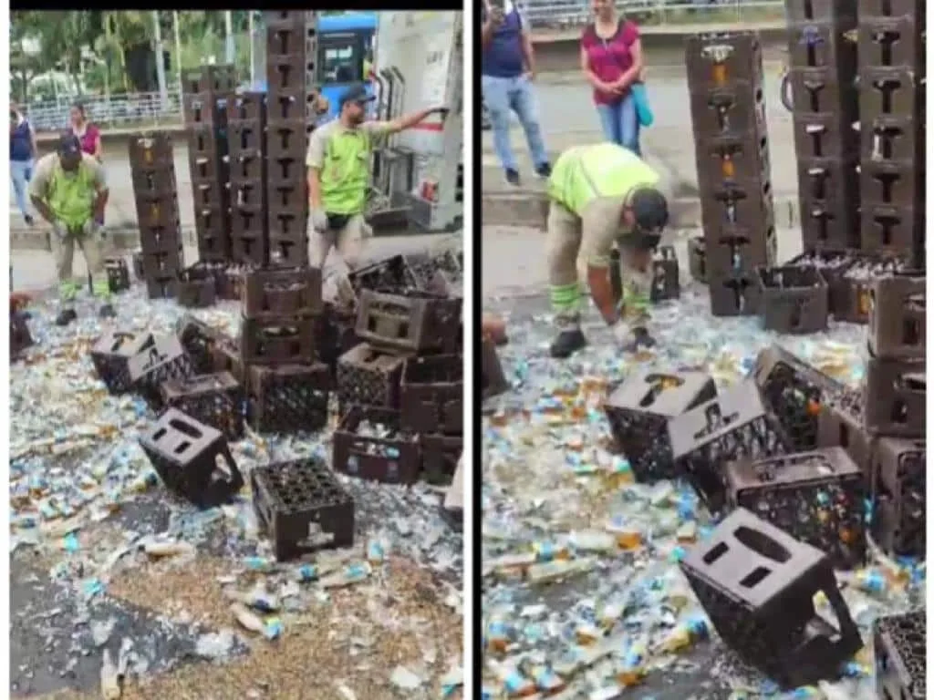 A un camión se le cayeron las cajas de cerveza, en plena calle 5