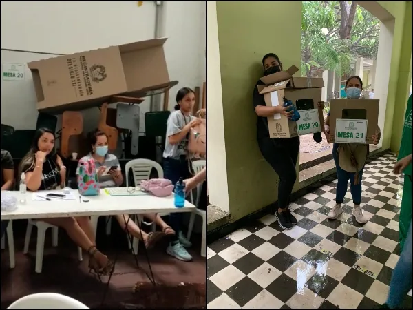 Mesas 'arrumadas' y cargadas en el punto de votación del Colegio de Barranquilla: el agua se les metió a los salones