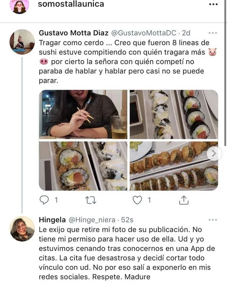 se burló de ella en redes sushi