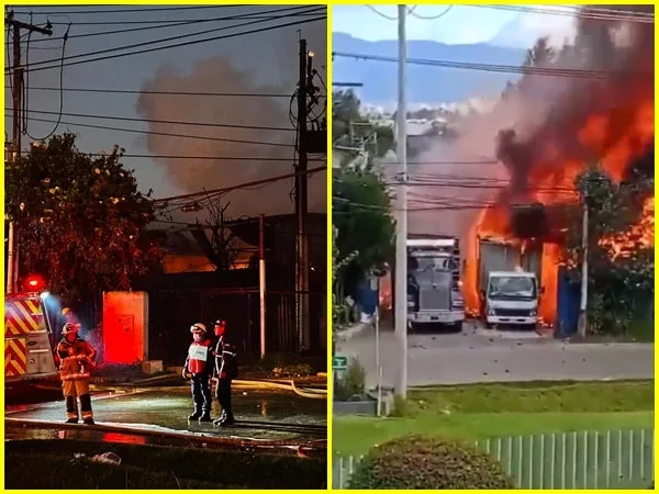 Pese a los esfuerzos de organismos de socorro, aún no han logrado controlar el incendio en la fábrica de químicos. Trabajan incansablemente para apagar el fuego.