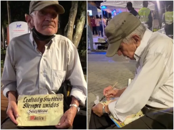 En el Boulevard del Río, haciendo caligrafía en pergamino italiano, adulto mayor "se gana la vida"