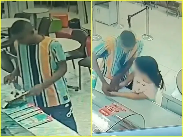 En imágenes de seguridad de la heladería, se aprecia el momento en que el sujeto le quita el dinero por la fuerza a la niña.