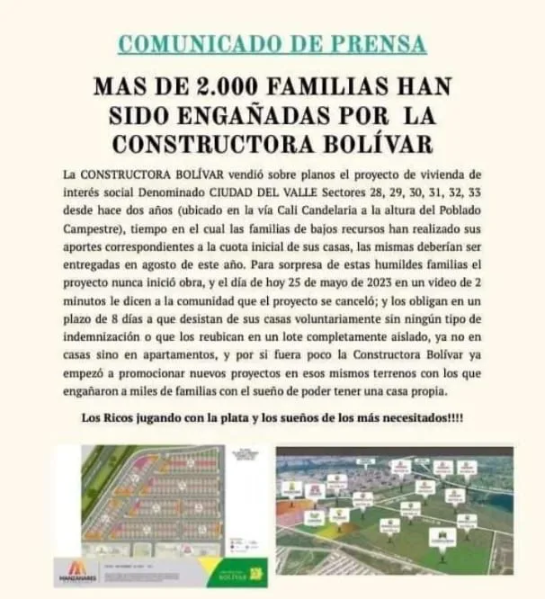 Más 1600 personas le reclaman a Constructora Bolívar por sus casas: en Cali cancelaron el proyecto