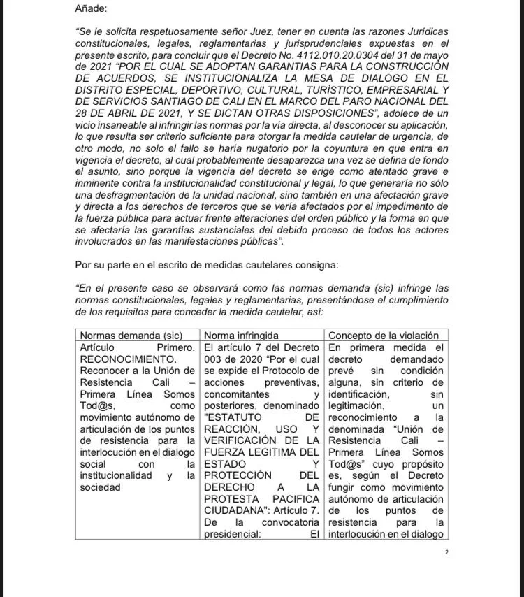 decreto resistencias Cali diálogos