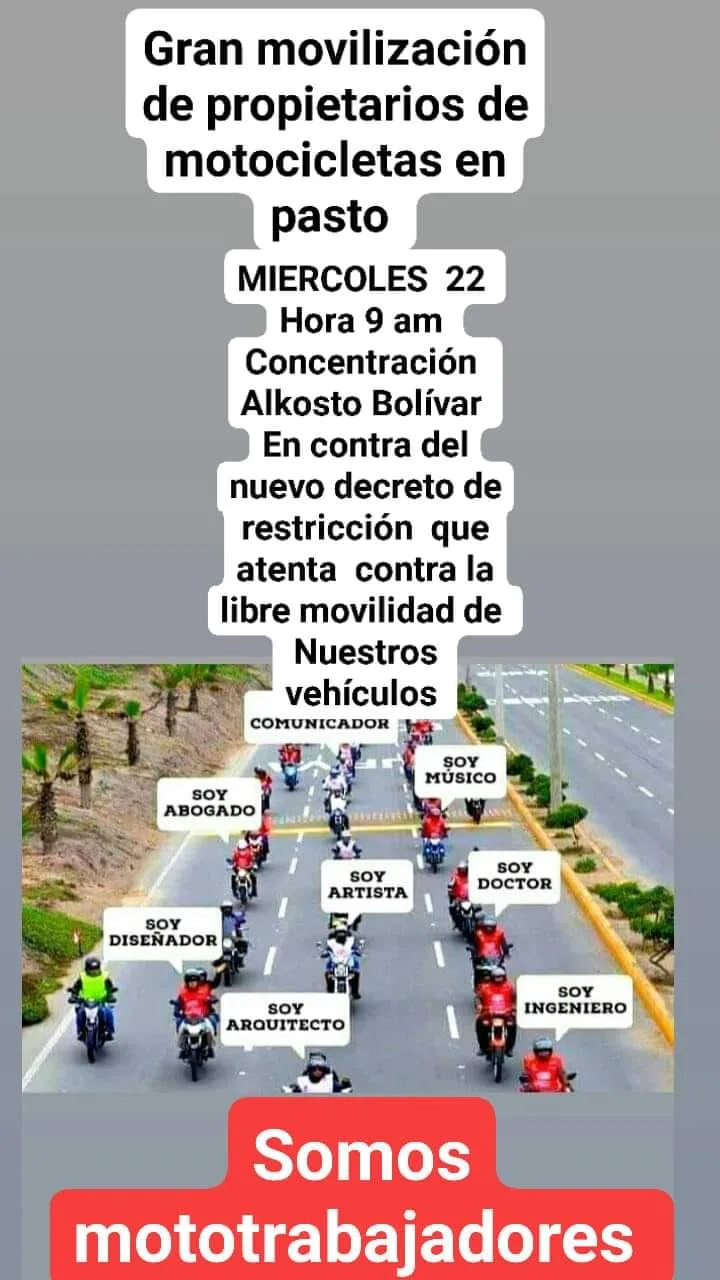 En el día sin carro y moto, mototaxistas en Pasto saldrán a las calles a protestar para exigir la libre movilidad