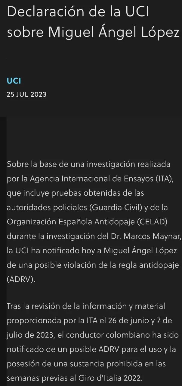 Miguel 'Superman' López a investigación por posible "dopaje" en el Giro de Italia 2022