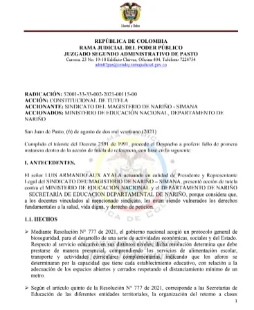 Estudiantes de Nariño no volverán a clases presenciales ante tutela interpuesta por Simana
