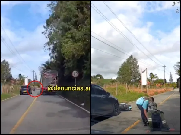 Ahora el imprudente no fue el motorizado, "el carro invadió carril", lo chocó y se salvó de ser arrollado por un camión