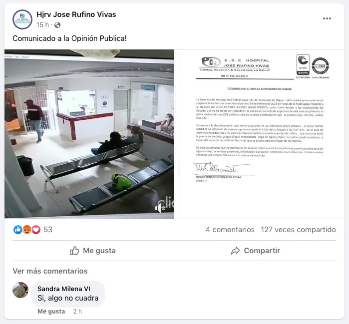 Comunicado de prensa oficial del Hospital José Rufino Vivas.