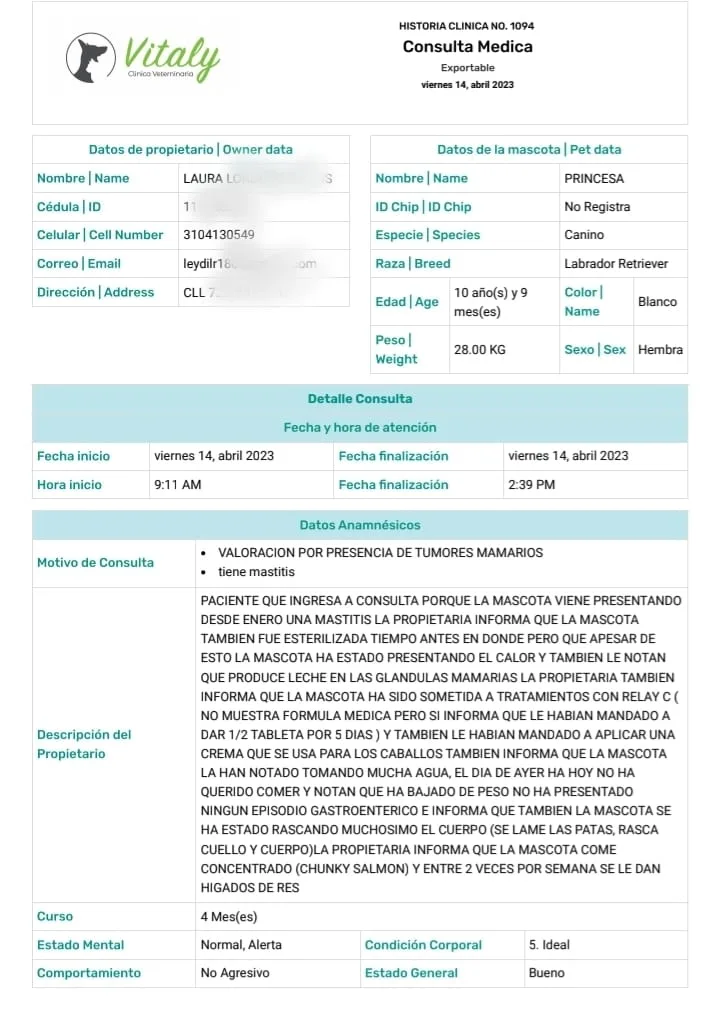 Debido a un "mal procedimiento de OVH", a Princesa le causo mastitis, ahora tiene tumores que crecen cada día