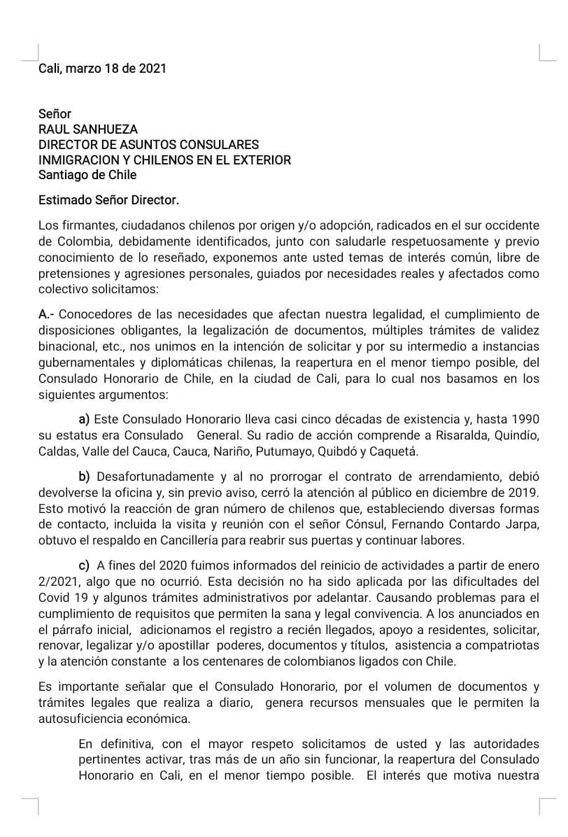 chilenos en Cali sin consulado