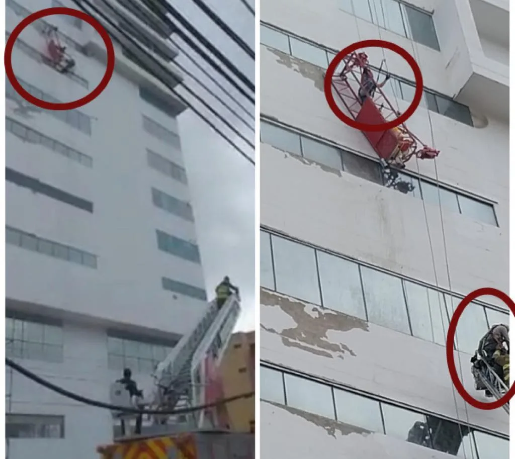 Barranquilla: Dos trabajadores quedaron colgados del andamio a más de 20 metros, con grúa los bajaron