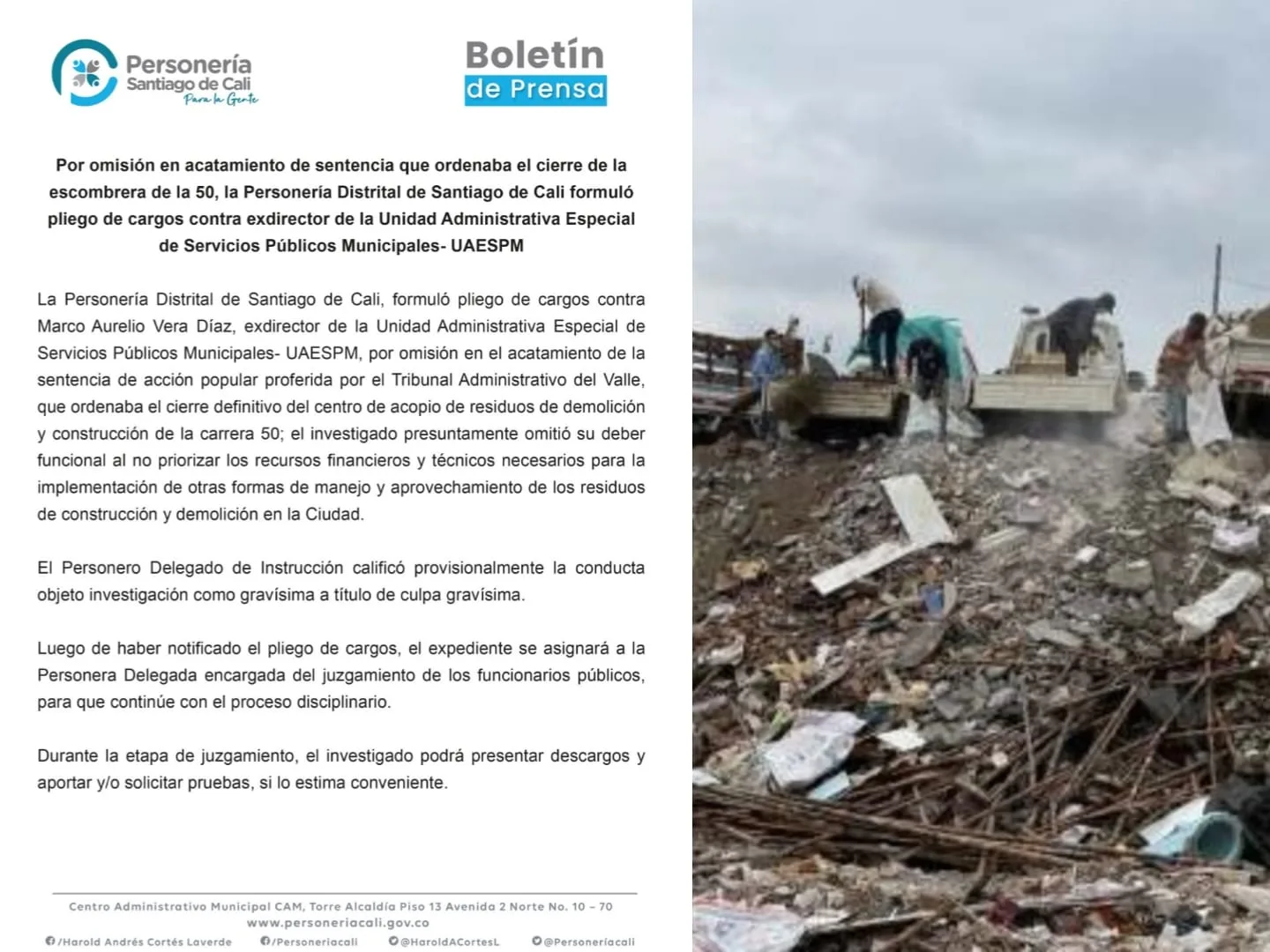 Hace años debió cerrar la escombrera de la 50 en Cali, Personería emitió pliego de cargos por incumplimientos