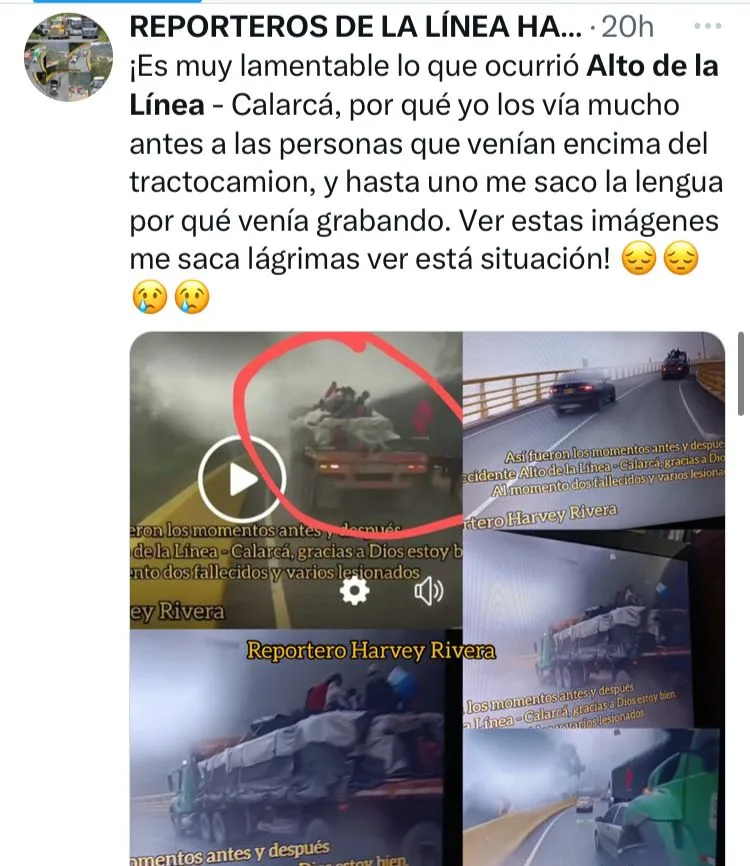 "¡Va sin frenos, va sin frenos!", terror por tractomula a toda velocidad en Alto de la Línea, se accidentó. Fotos: vía Reporteros de la Línea.