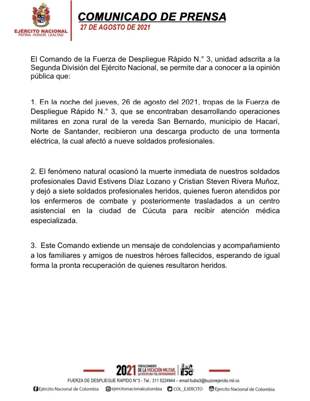 Dos soldados perdieron la vida en Hacarí, Norte de Santander por causa de un rayo