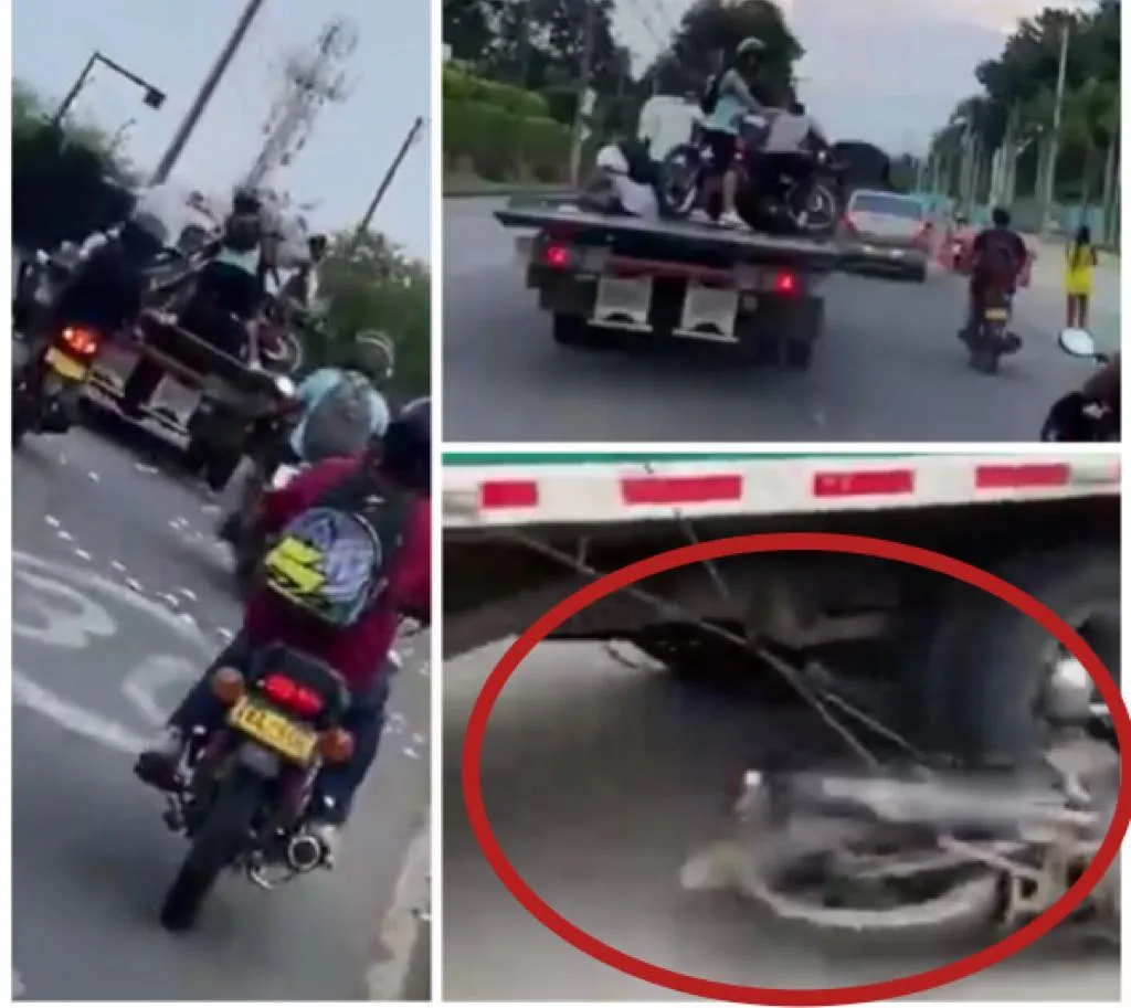 Pudo terminar mal: persecución, montados en la grúa intentando bajar las motos en Pance, Cali