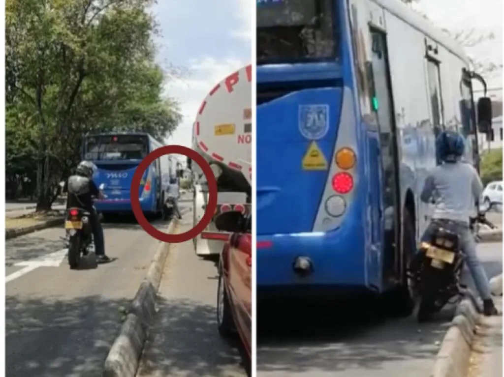 "Por el afán", el MIO alcanzó a frenar para no llevarse al motorizado en el carril exclusivo