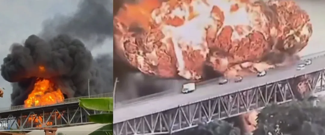 Explosión de camión cisterna desató incendio bajo el Puente de las Américas, Panama : dos bomberos heridos