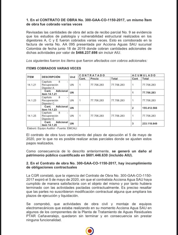 EMCALI informe Contraloría